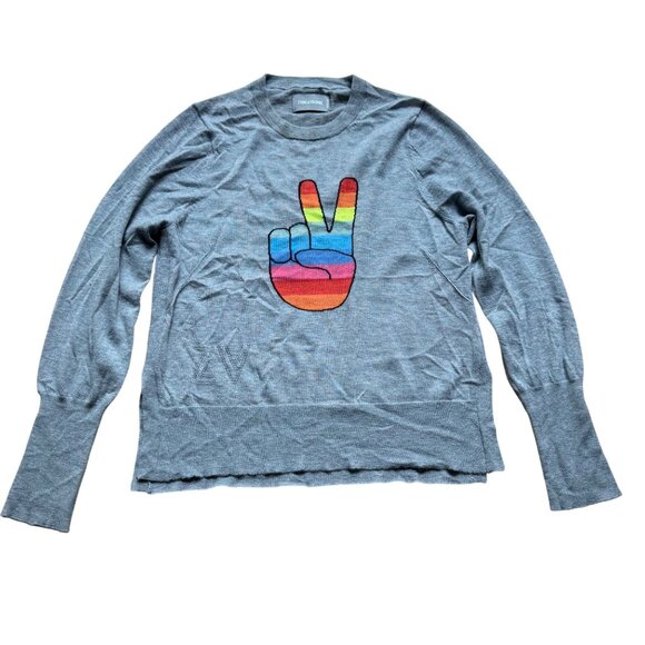 Zadig & Voltaire Size L Gray Liruius Peace Sign Rainbow Graphic Cashmere Sweater - Picture 2 of 14